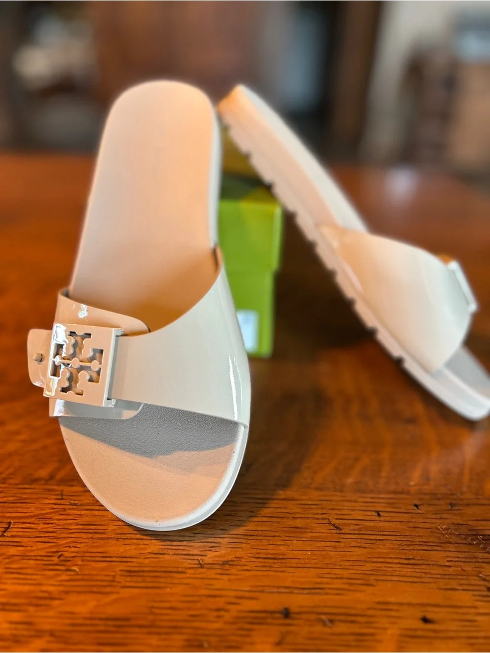 Tory Burch Cream Patent Logo Buckle Slide Sandals